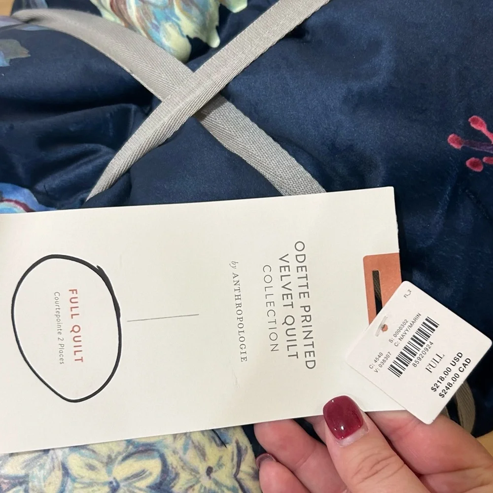 NWT Anthropologie Odette Quilt FULL Velvet Bedding Peacock Floral Blue